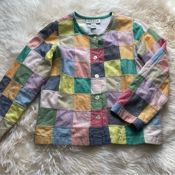 Orvis Vintage Patchwork Shirt Jacket Collarless Lined 100% Cotton size 8 - Picture 10 of 14